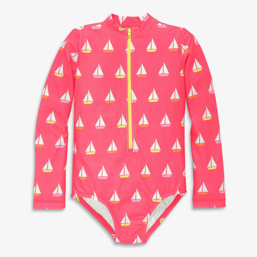 Clearance kids long sleeve one-piece rash guard in sailboats