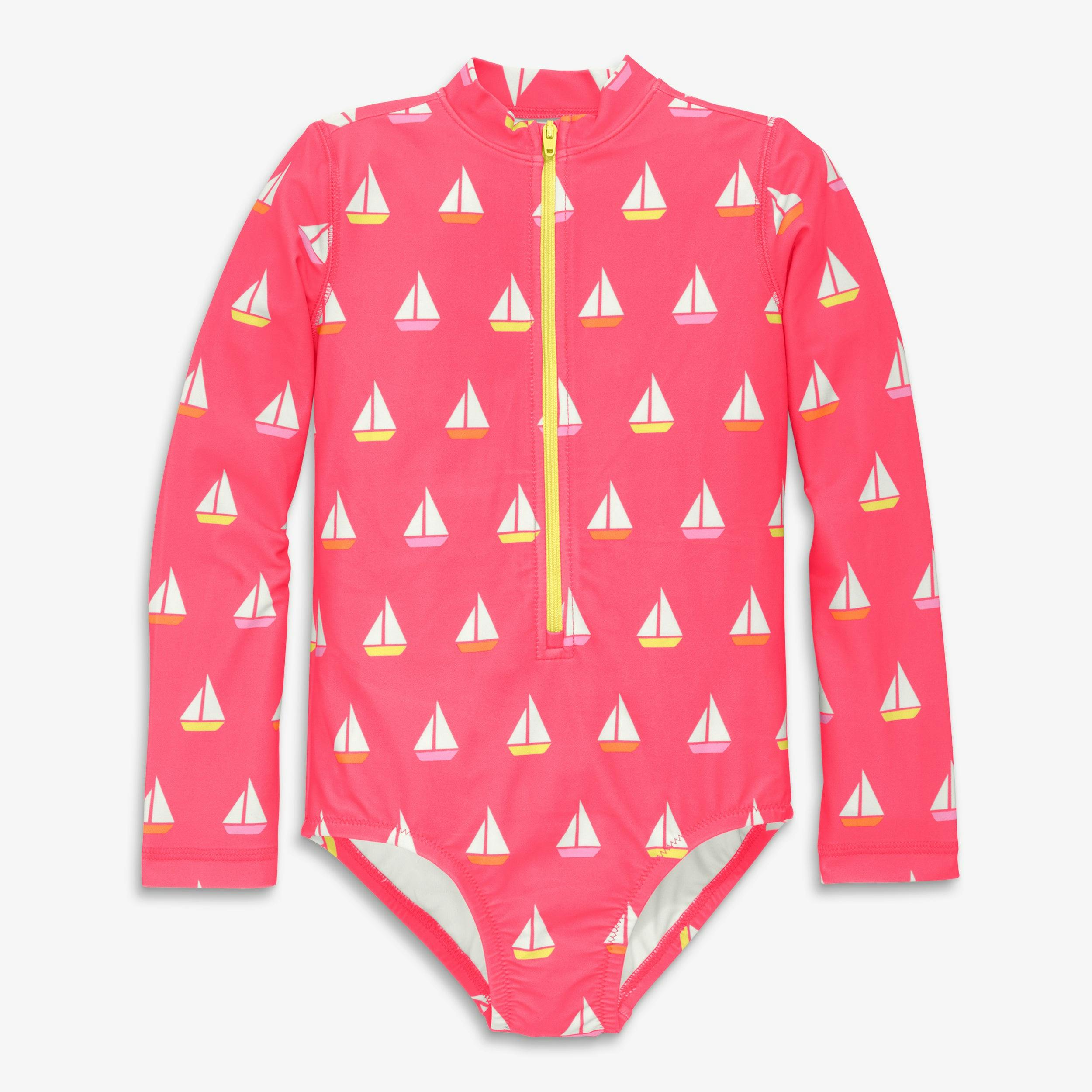 Clearance kids long sleeve one-piece rash guard in sailboats