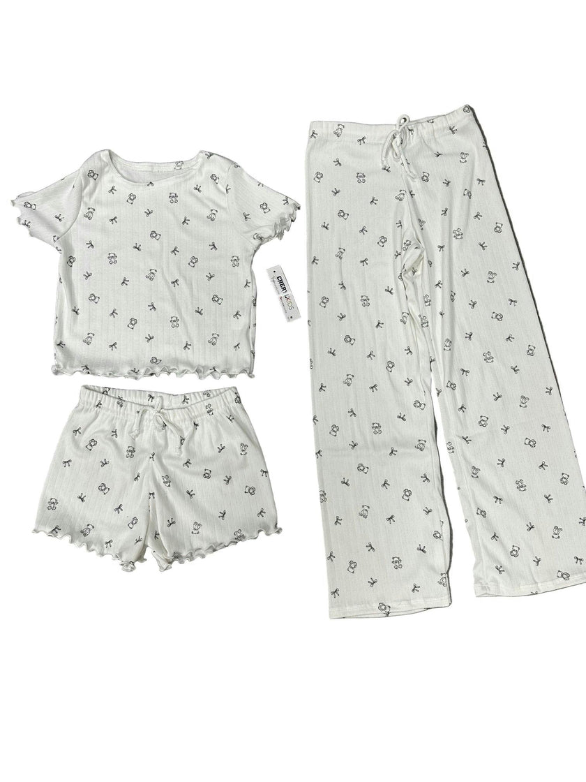 Girls Printed Lounge 3 Pc Short Sleeve Top Pants and Shorts Set