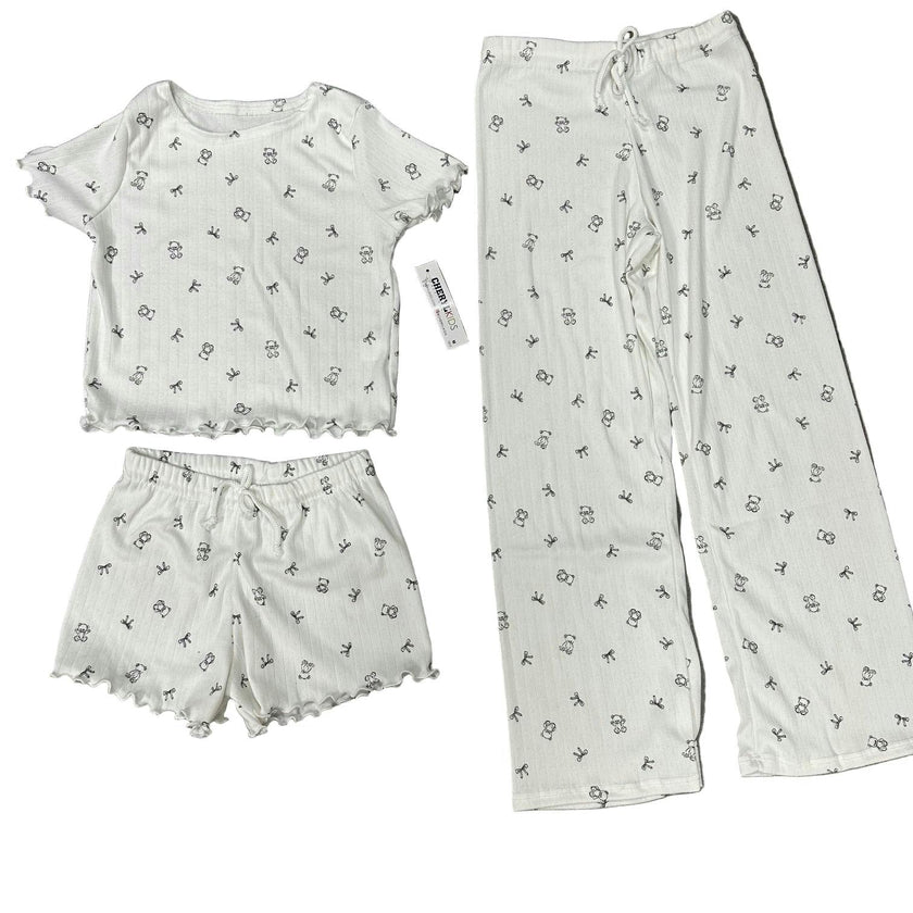 Girls Printed Lounge 3 Pc Short Sleeve Top Pants and Shorts Set
