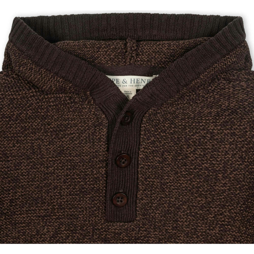 Organic Long Sleeve Hooded Henley Sweater, Brown