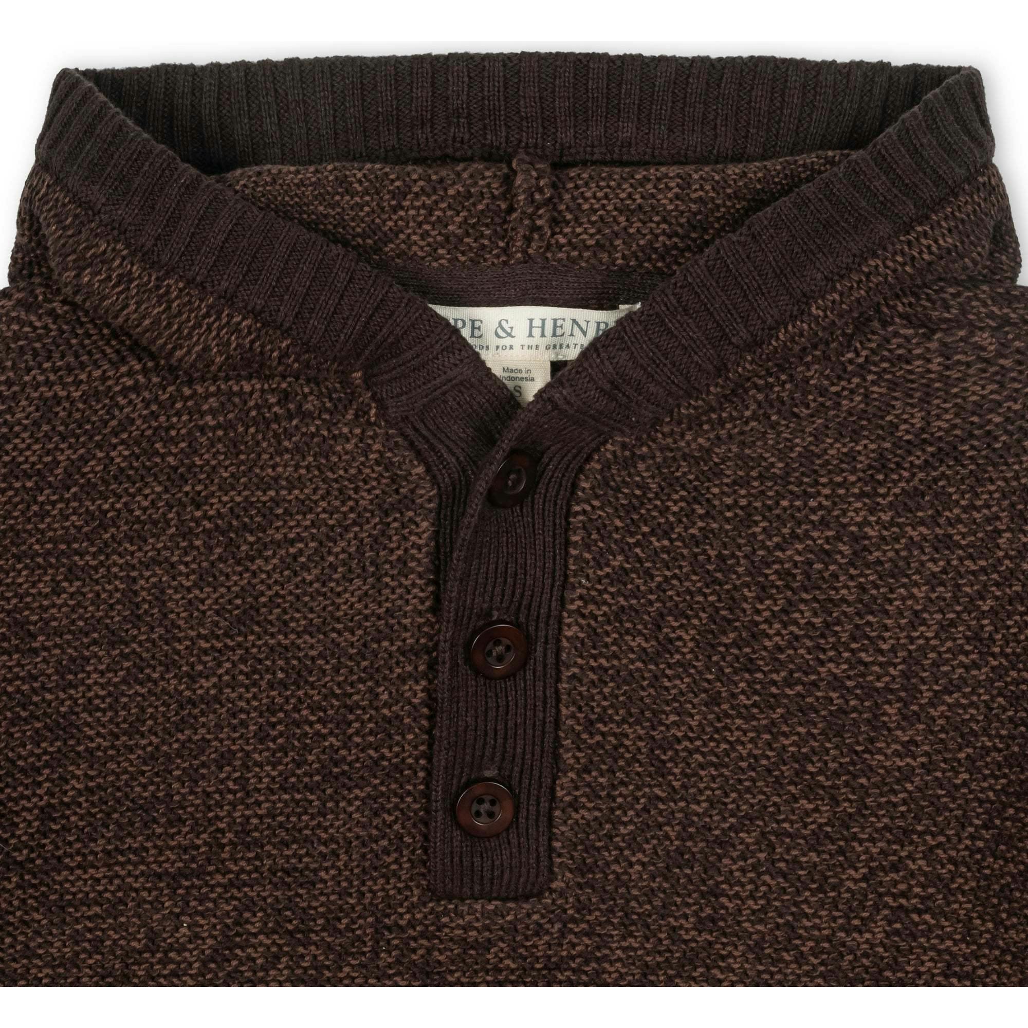 Organic Long Sleeve Hooded Henley Sweater, Brown