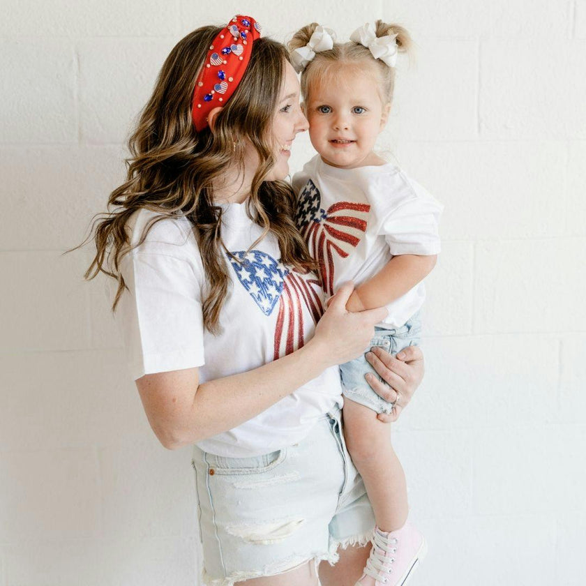 Patriotic Sequin Bow Patch Short Sleeve T-Shirt - White