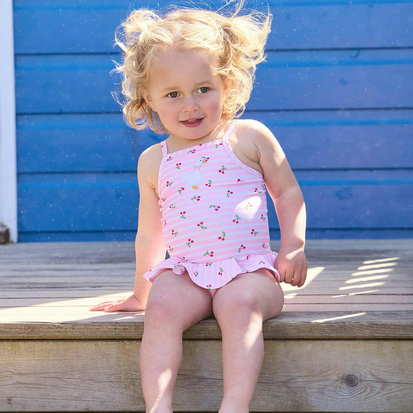 Baby Cherry Stripe Duck Swimsuit in Pink