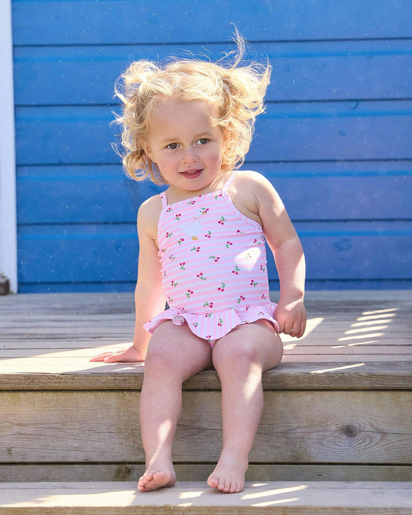 Baby Cherry Stripe Duck Swimsuit in Pink