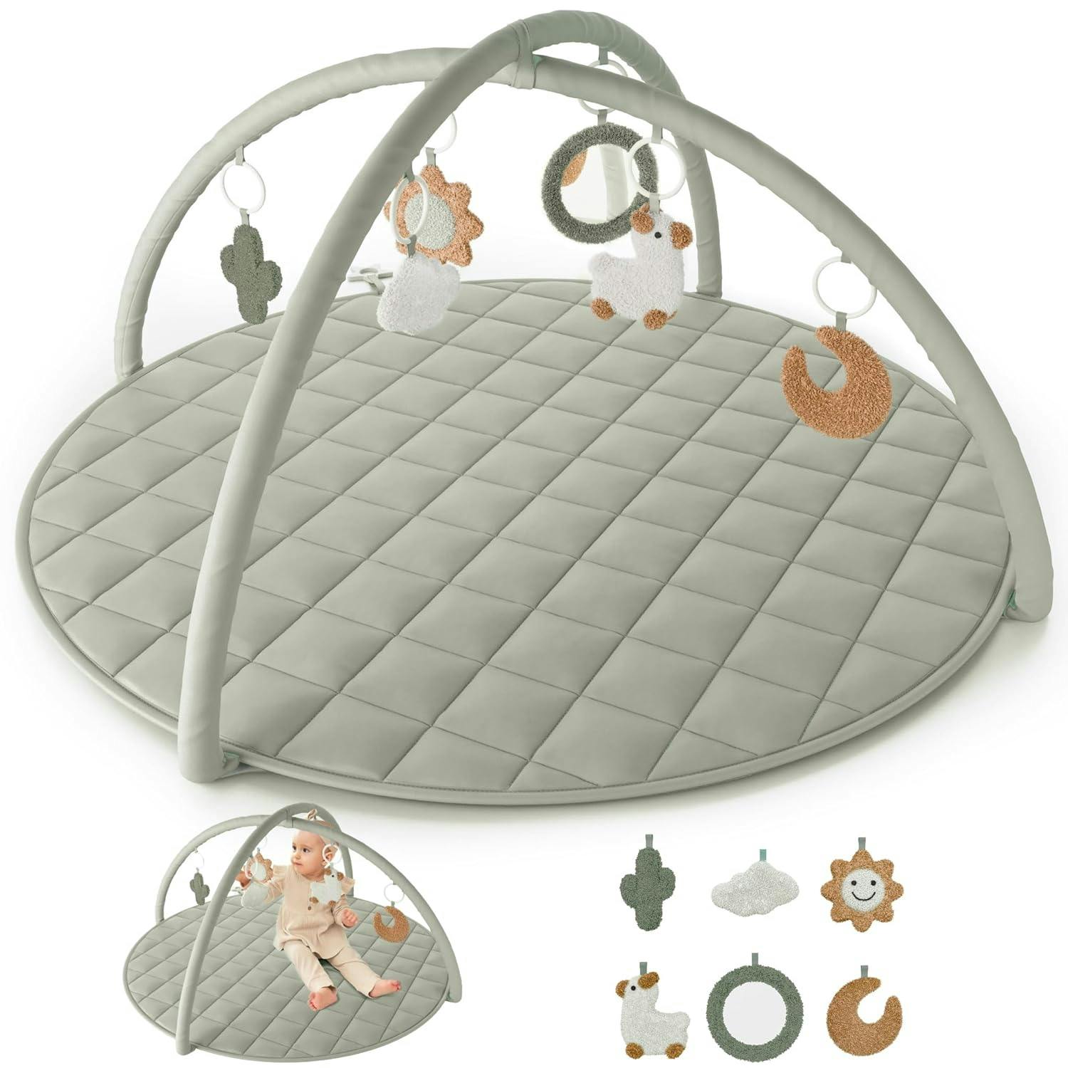 Beautiful Baby Play Gym - Soft Cotton Mat with 6 Cute Toys Creates The Perfect Activity Area for Your Girl/Boy - Stylish Infant Floor Playmat for Playroom