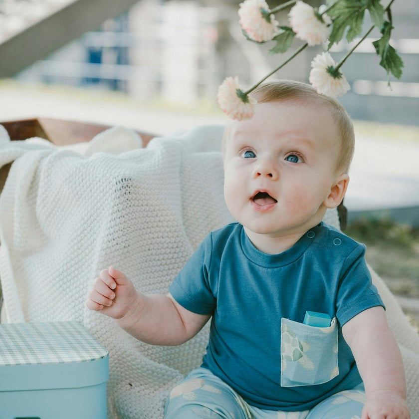 Organic Cotton Jersey T-Shirt And Pants Set Medium Blue And Blue Turtle Print