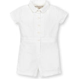 Short Sleeve Linen Pintuck Button Front Romper, White