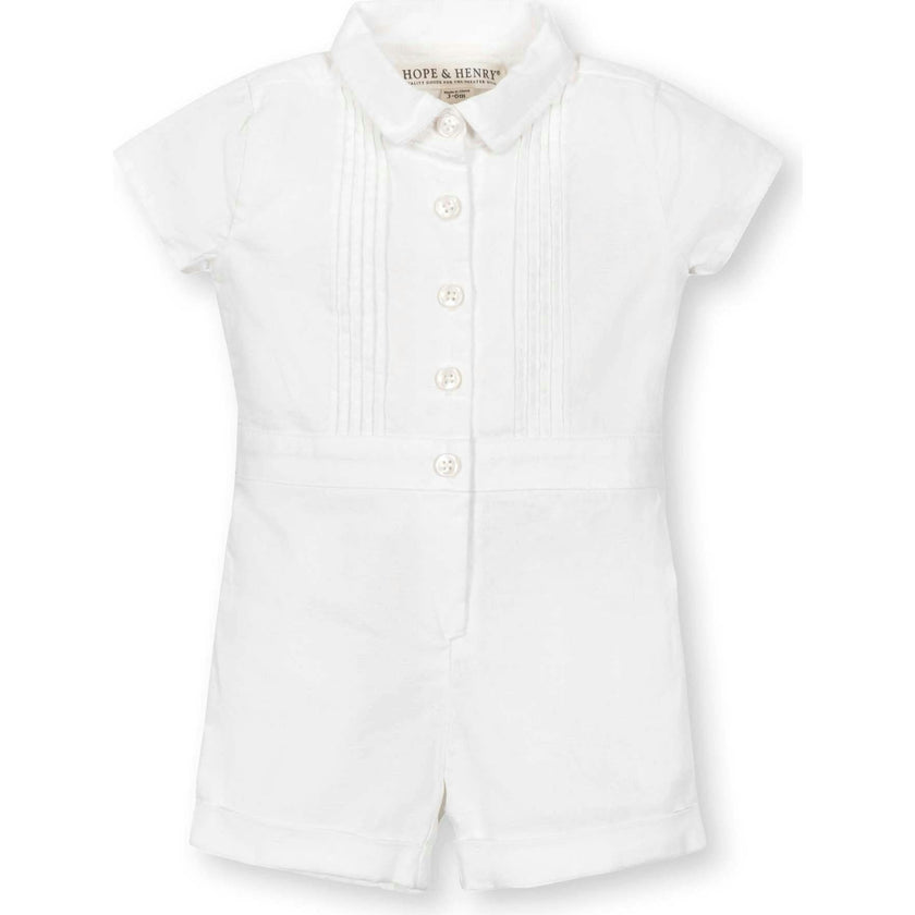Short Sleeve Linen Pintuck Button Front Romper, White
