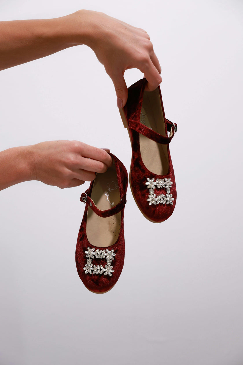 Bordo Velvet Crystal Buckle Shoes