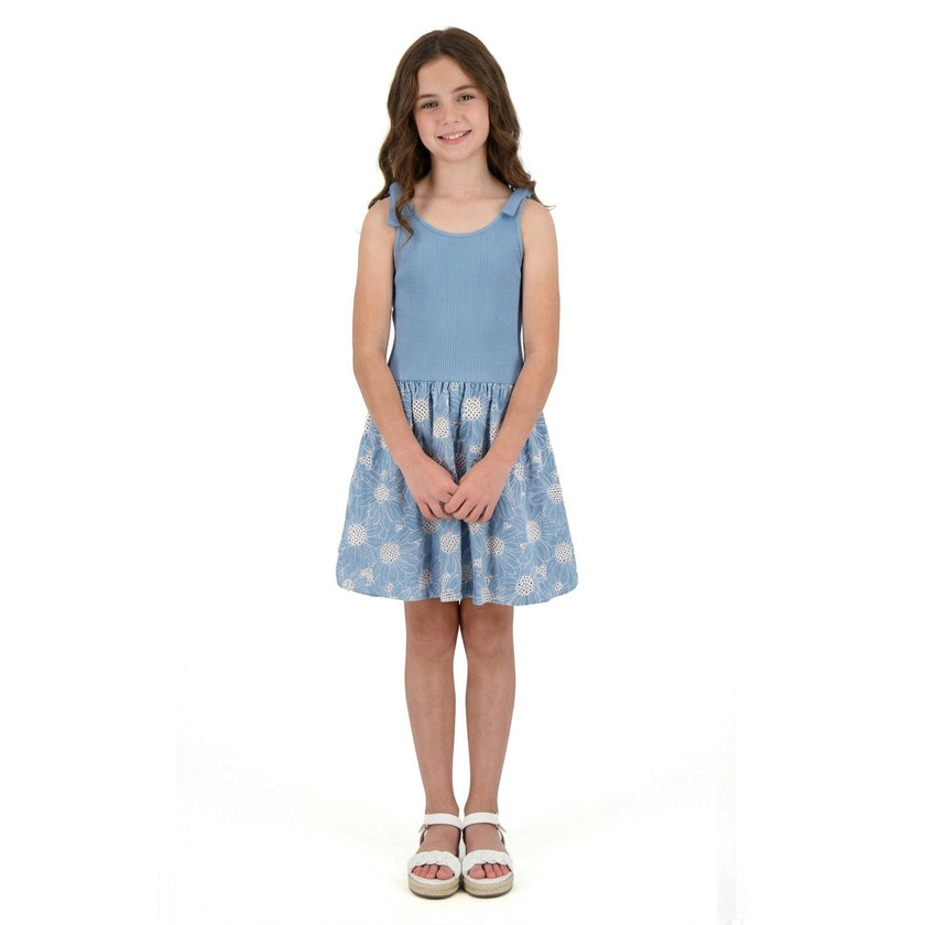 Tween Girls Rib Knit Bow Shoulder Dess | Floral Eyelet