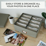 Decorative Photo Storage Box - Sturdy Linen Photo Organizer with Dividers - Stores Up to 850 4x6 Photos - Portable Scrapbook Storage Container with Lid