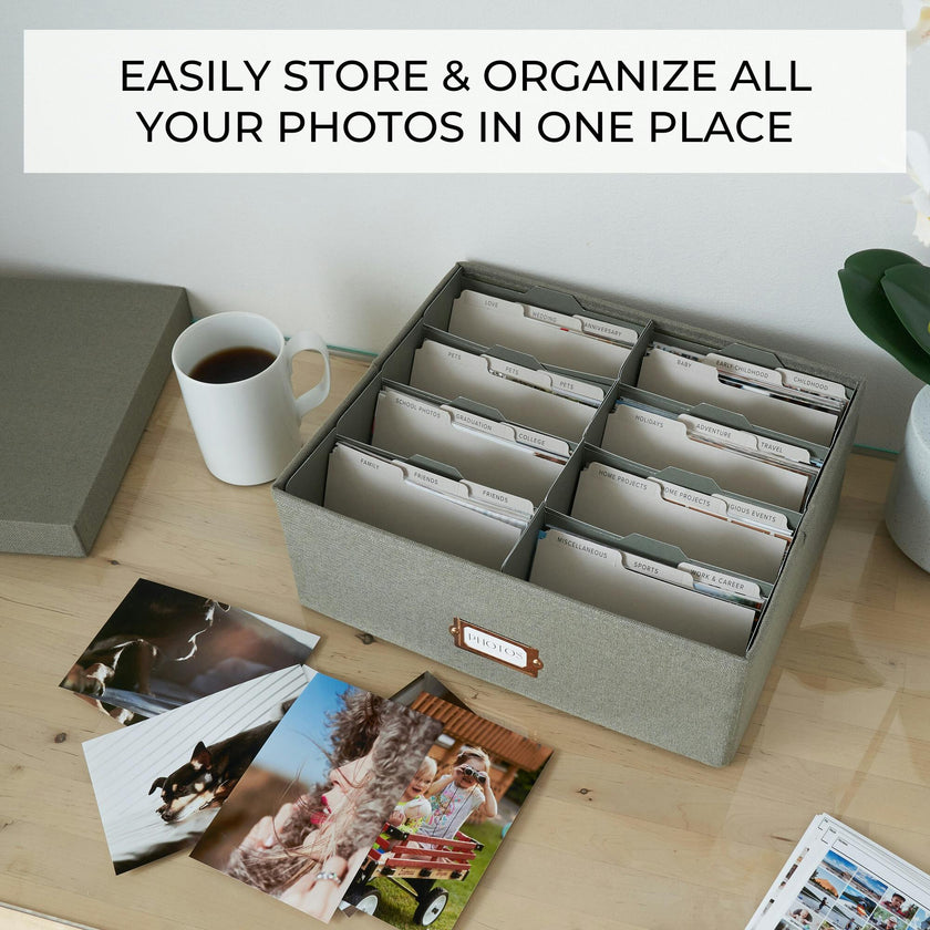 Decorative Photo Storage Box - Sturdy Linen Photo Organizer with Dividers - Stores Up to 850 4x6 Photos - Portable Scrapbook Storage Container with Lid