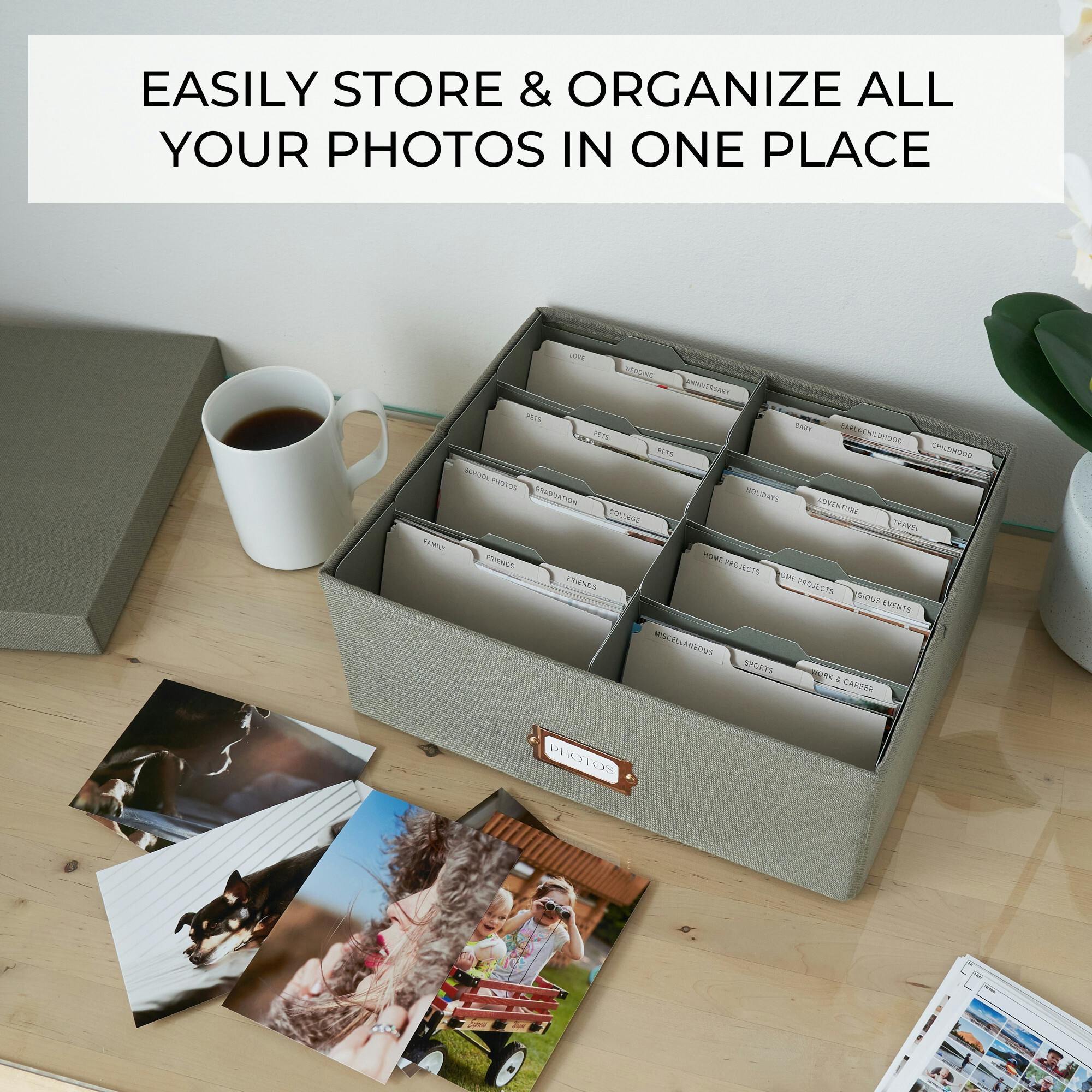 Decorative Photo Storage Box - Sturdy Linen Photo Organizer with Dividers - Stores Up to 850 4x6 Photos - Portable Scrapbook Storage Container with Lid