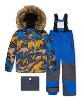 Two Piece Play Snowsuit Grey and Blue Dinosaur Print with Blue Pants