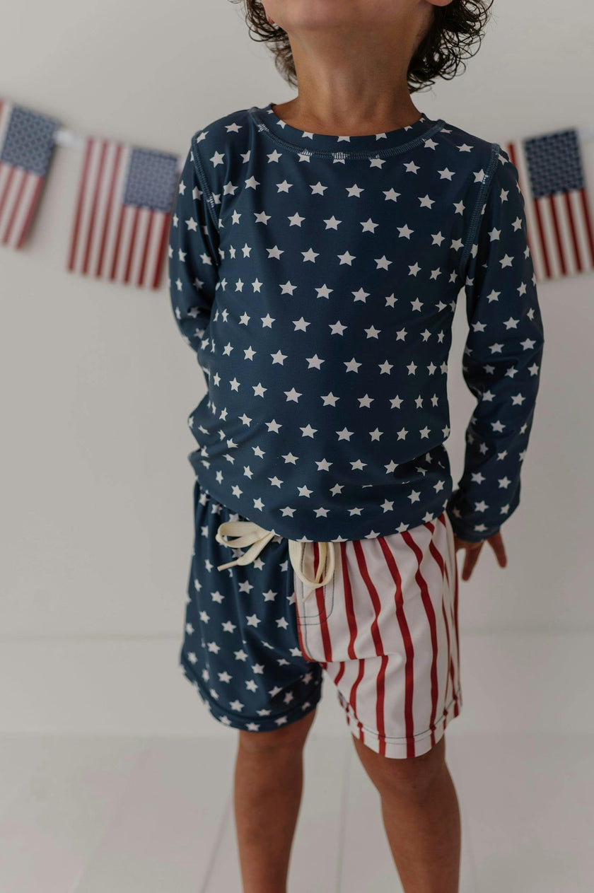 Boys Long Sleeve Rash Guard Swim Shirt in American Stars