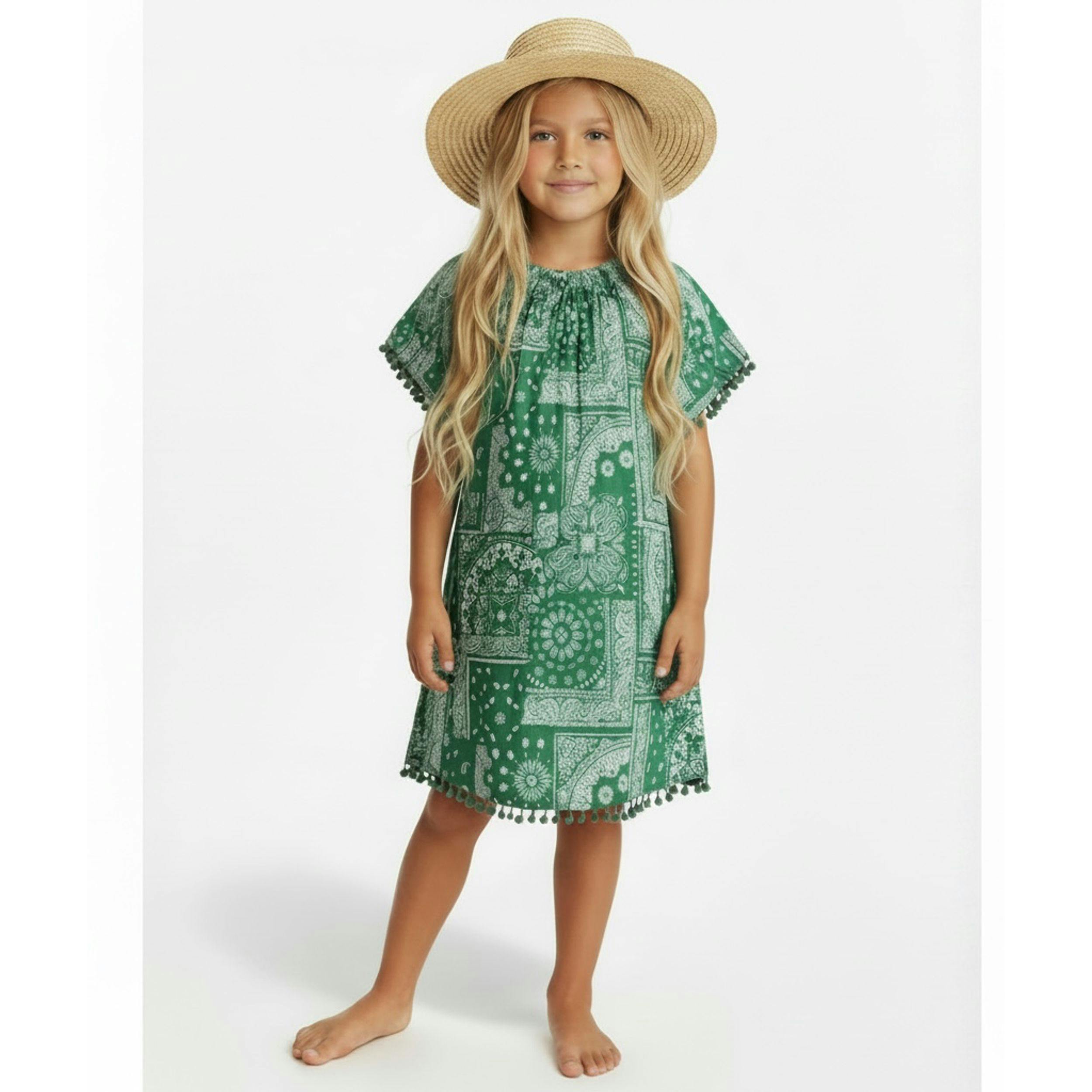 Mini Capucine Girls' Kaftan Patchwork Bandana, Green