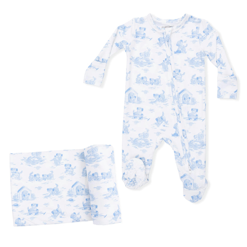 Puppy Toile Blue - 2 Way Zipper Footie & Swaddle Blanket Set
