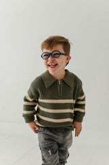 Boys Striped Zip Up Sweater in Woodland Moss Stripe