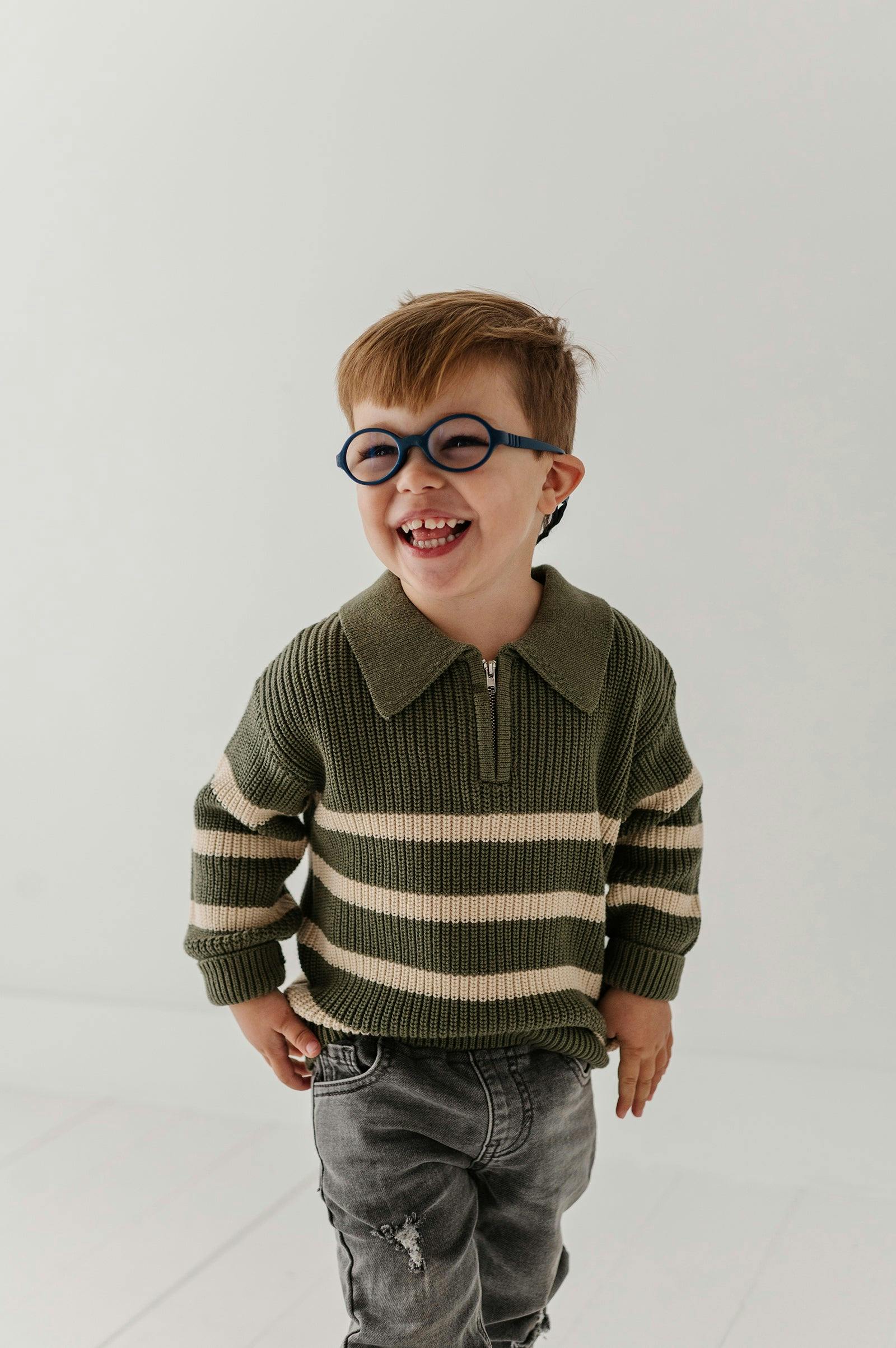 Boys Striped Zip Up Sweater in Woodland Moss Stripe