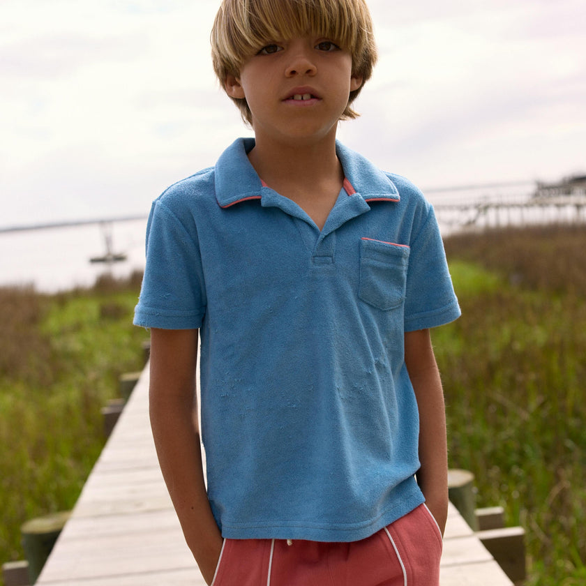 boys cerulean blue french terry polo