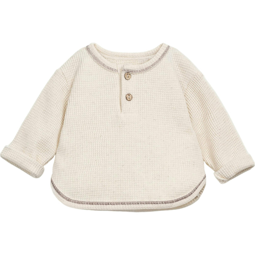 Contrast Hem Waffle Knit Henley Neck Long Sleeve 2-Front Button T-Shirt