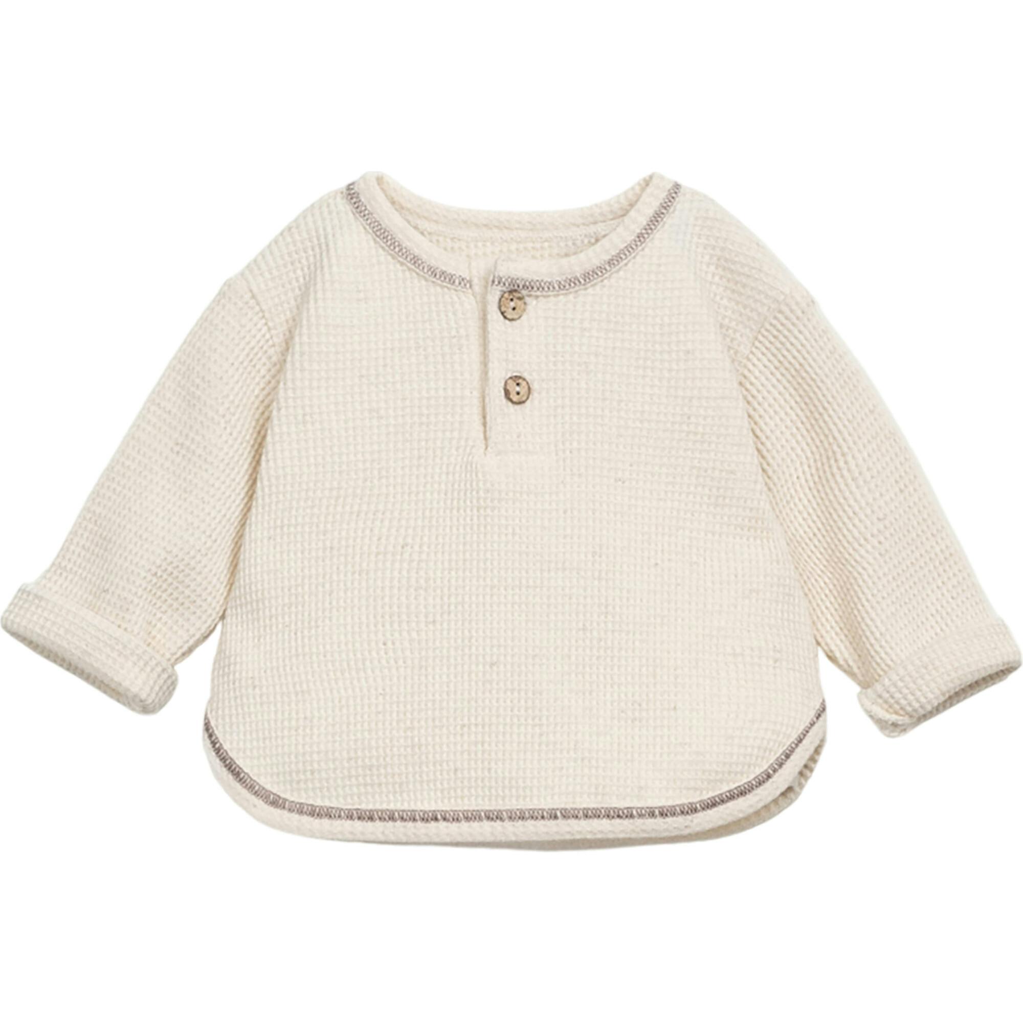 Contrast Hem Waffle Knit Henley Neck Long Sleeve 2-Front Button T-Shirt