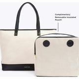 Vegan Leather Work Tote Bag with Removable Insulated Pouch, Black Canvas