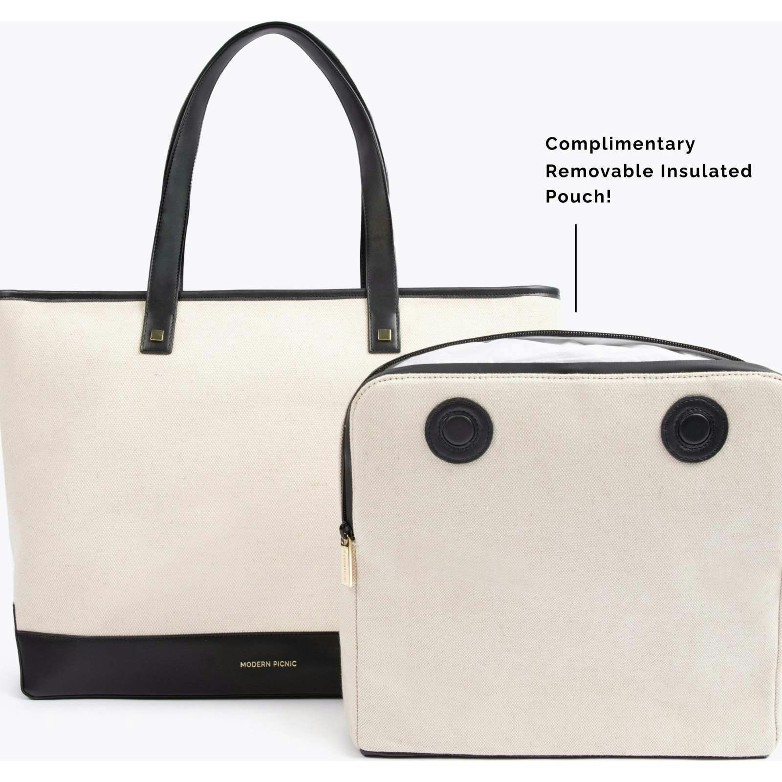 Vegan Leather Work Tote Bag with Removable Insulated Pouch, Black Canvas