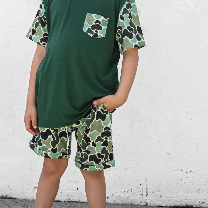 Green Distressed Camo Lounge Pocket Tee & Shorts Set