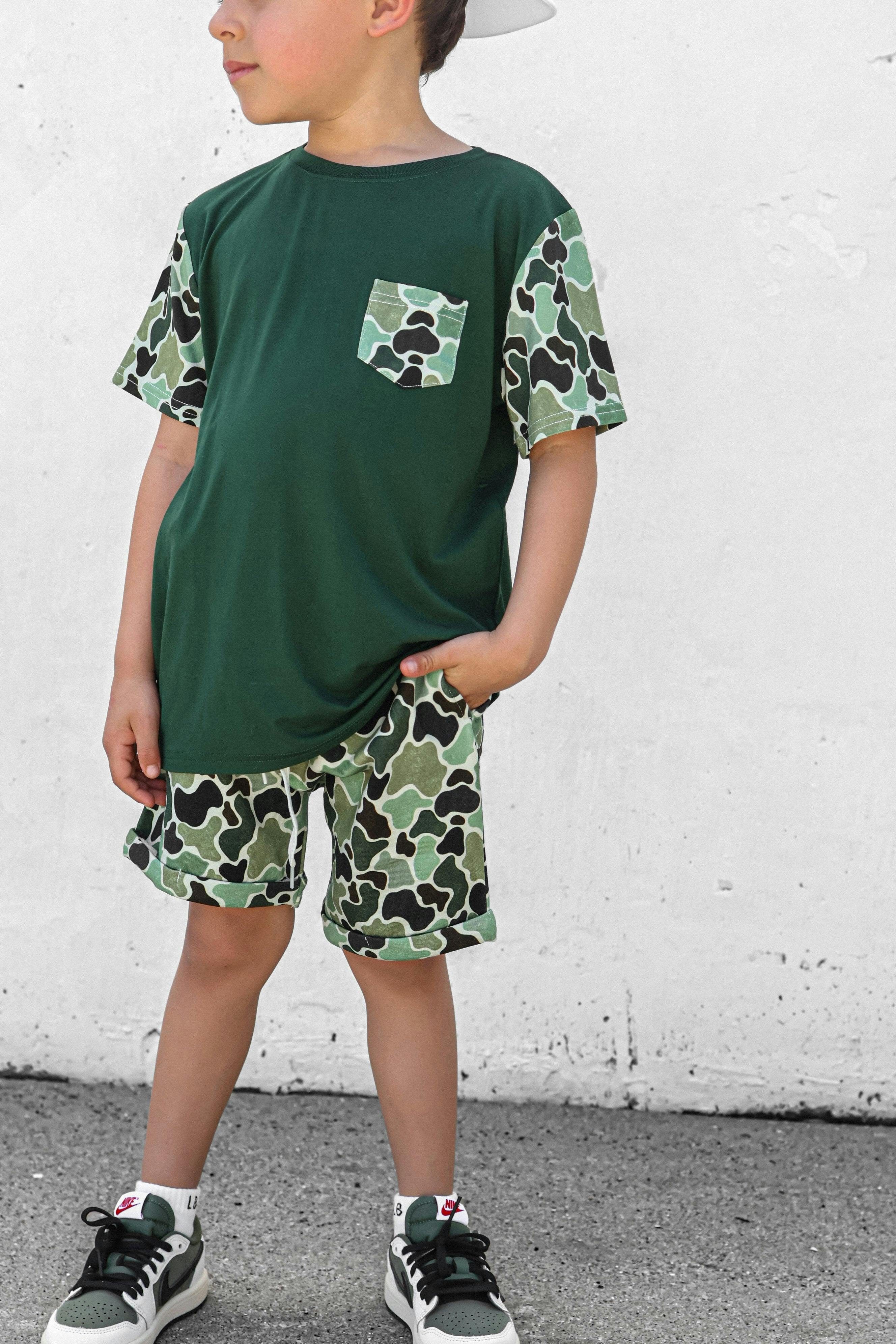 Green Distressed Camo Lounge Pocket Tee & Shorts Set