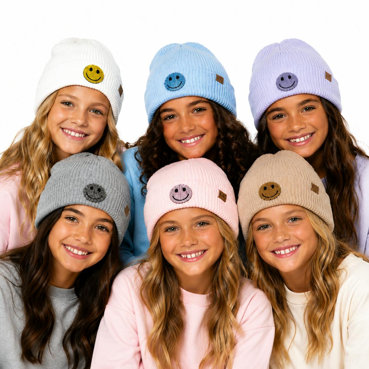 Beanie with Rhinestone Happy Face Patch