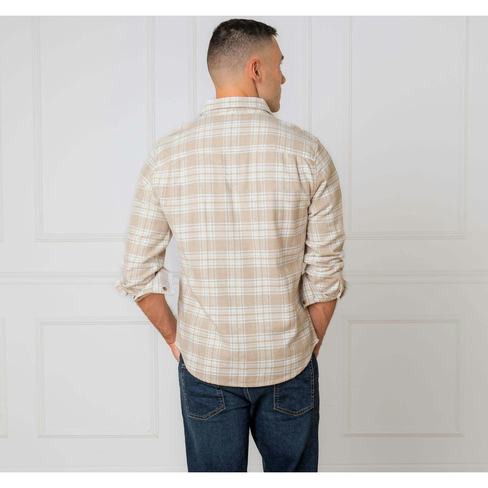 Men's Organic Flannel Double Pocket Button Down Shirt, Beige
