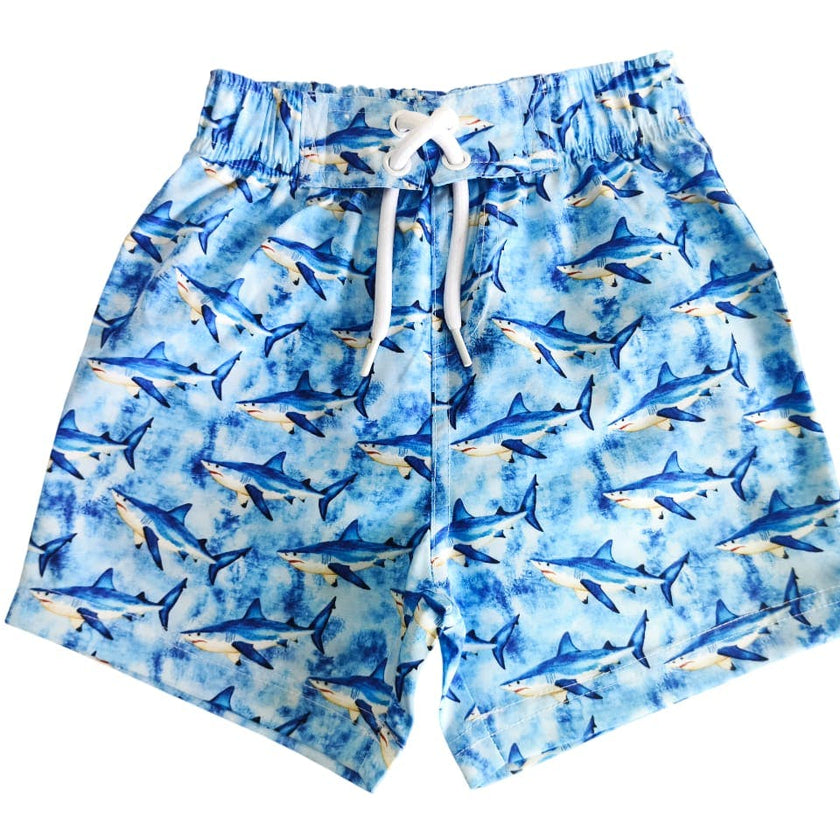 Kids Swim Board Shorts - Watercolor Sharks
