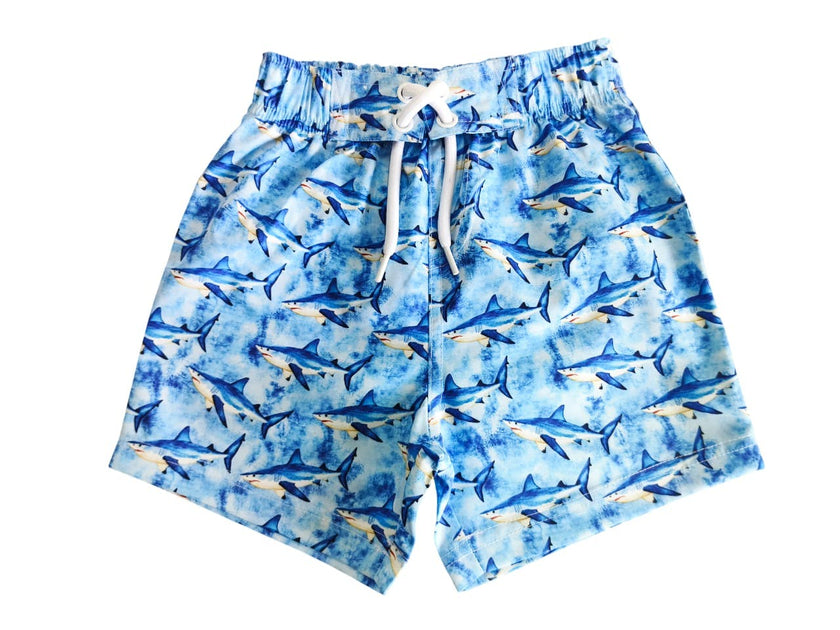 Kids Swim Board Shorts - Watercolor Sharks