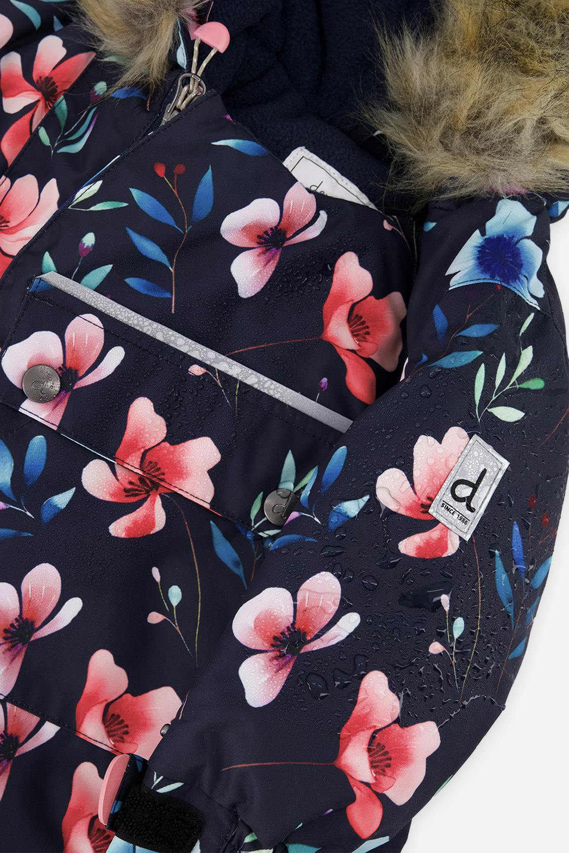 Baby One Piece Snowsuit Adapted For Car Seats Blue Floral Print