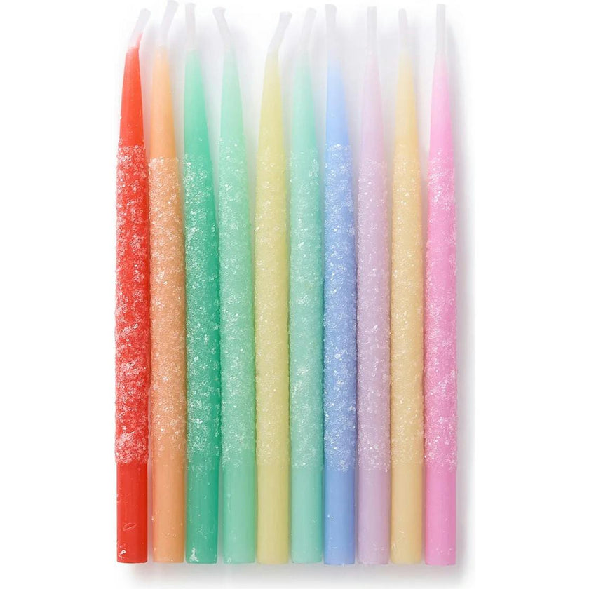 Packed Party Glitter Wishes Rainbow Birthday Candle Set of 10 - Glitter-Dipped Multicolor Pastel Beeswax Candles in Gift Box with Pink Ric Rac Handle