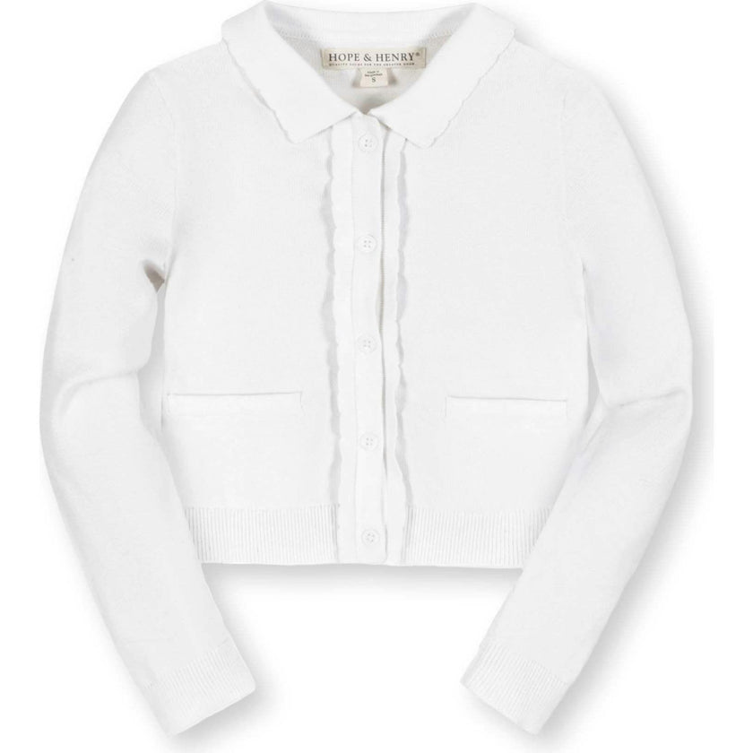 Organic Long Sleeve Scallop Detail Cardigan Sweater, White