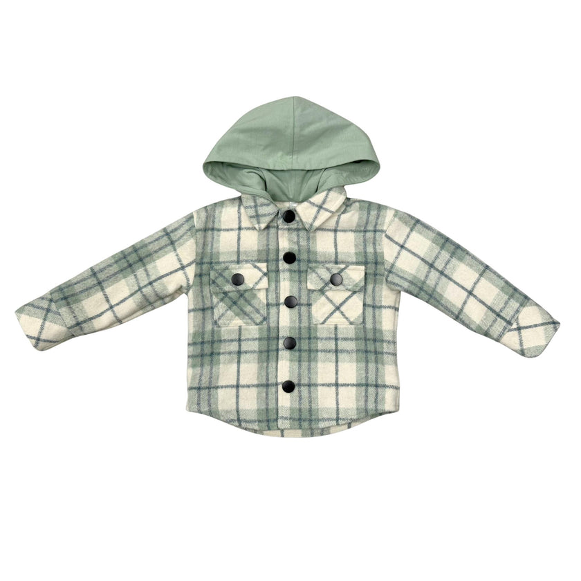 Kids Hooded Shacket in Mint Plaid