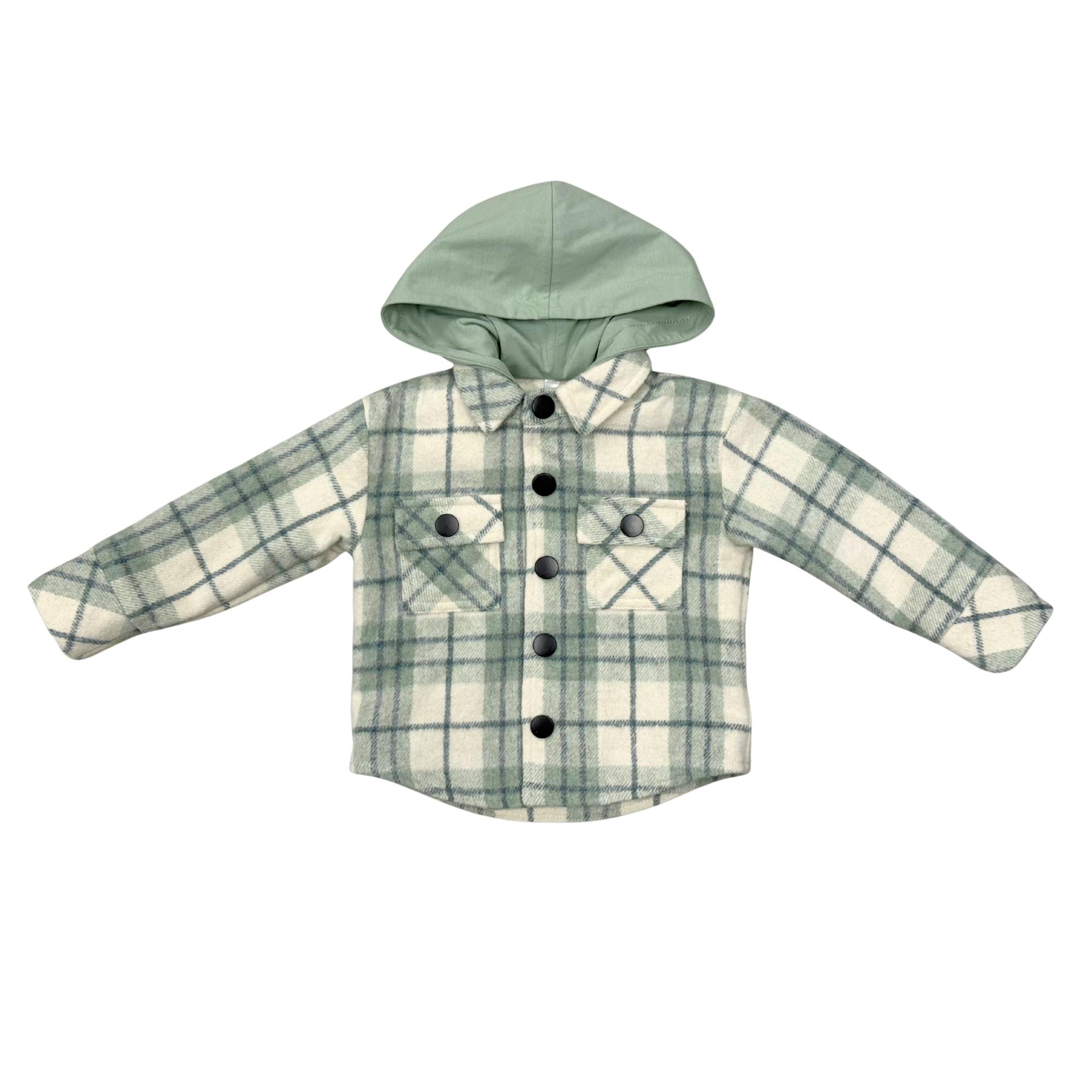 Kids Hooded Shacket in Mint Plaid