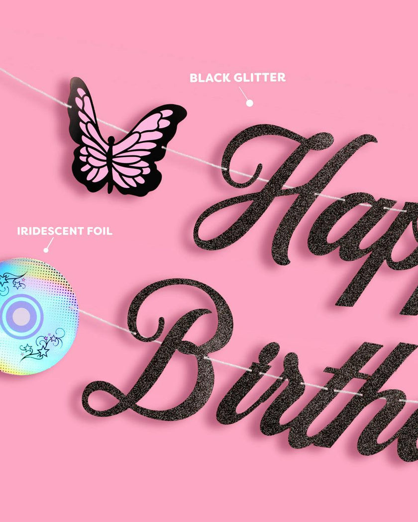 Y2K Birthday Banner - black glitter banner