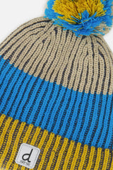 Winter Knit Hat with Pompom Blue and Yellow
