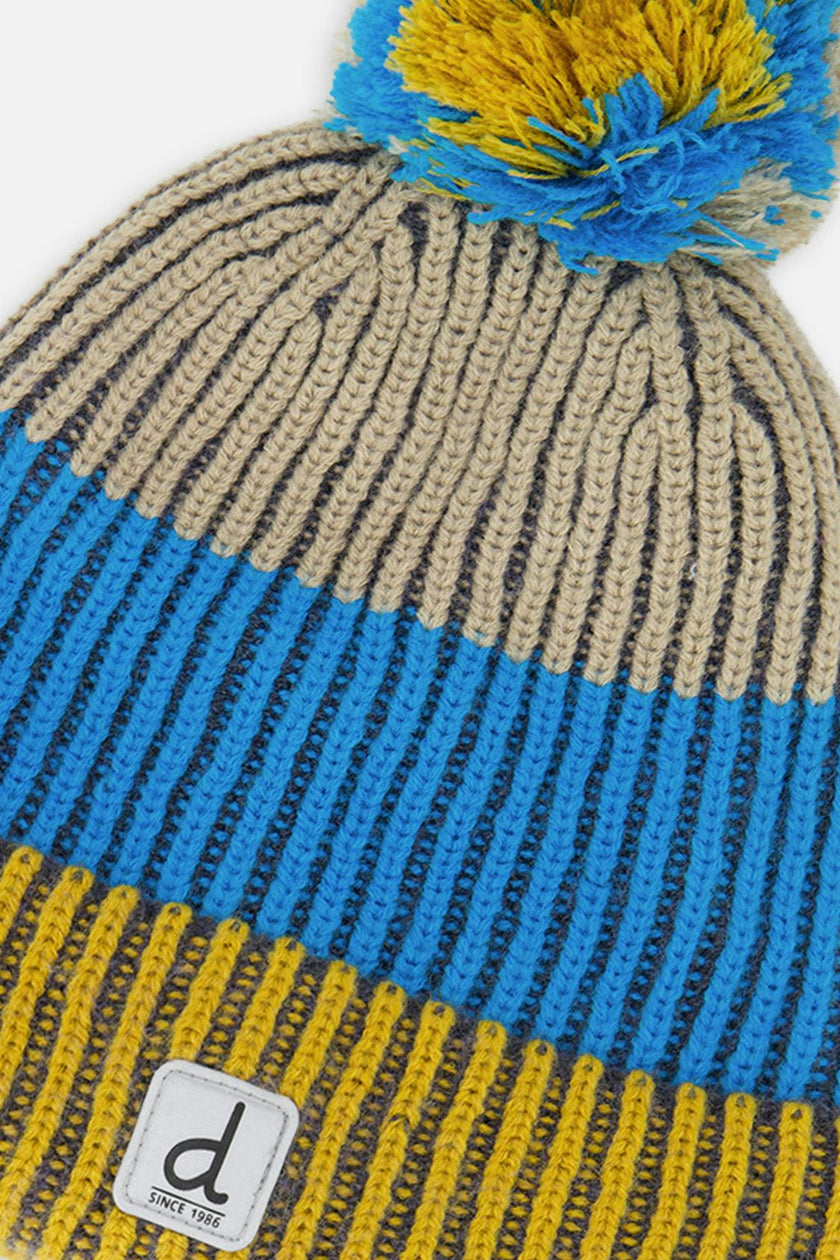 Winter Knit Hat with Pompom Blue and Yellow