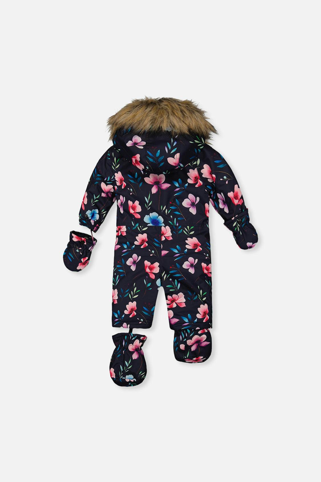 Baby One Piece Snowsuit Adapted For Car Seats Blue Floral Print