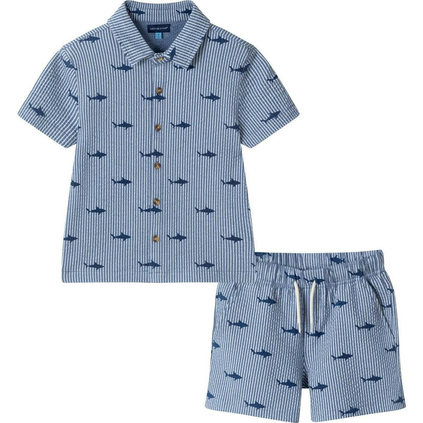 Boys Short Sleeve Cabana Set | Navy Stripe Shark