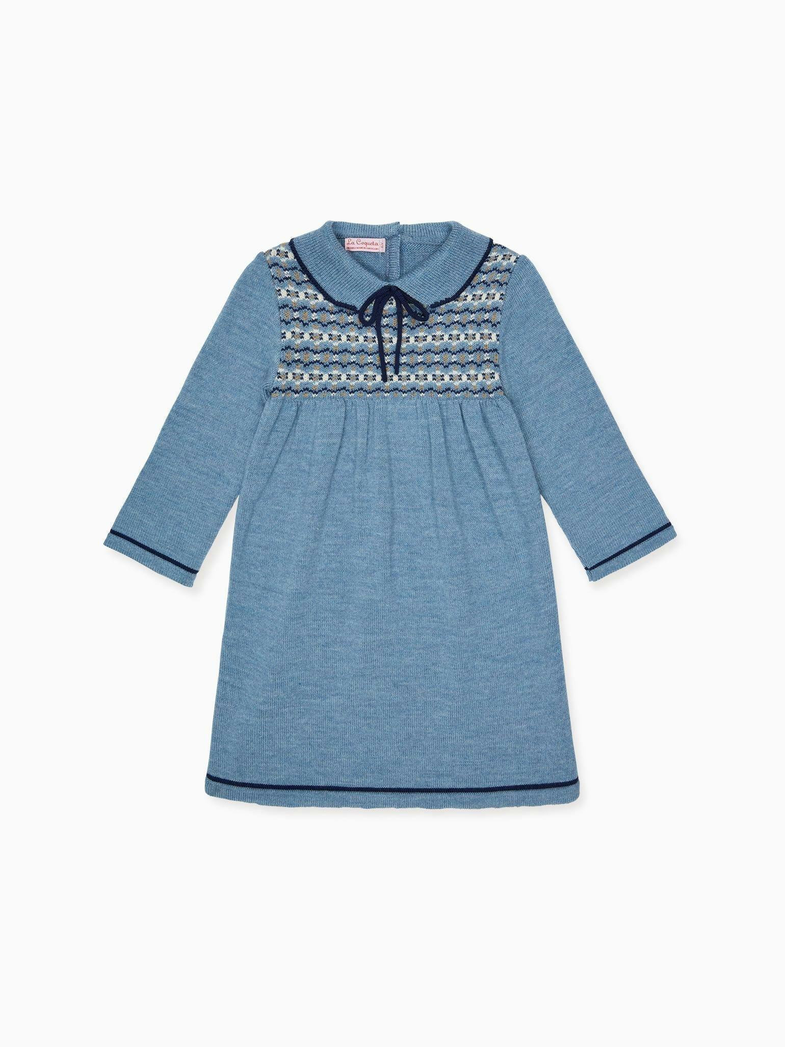 Slate Blue Aldara Merino Fair Isle Girl Knitted Dress