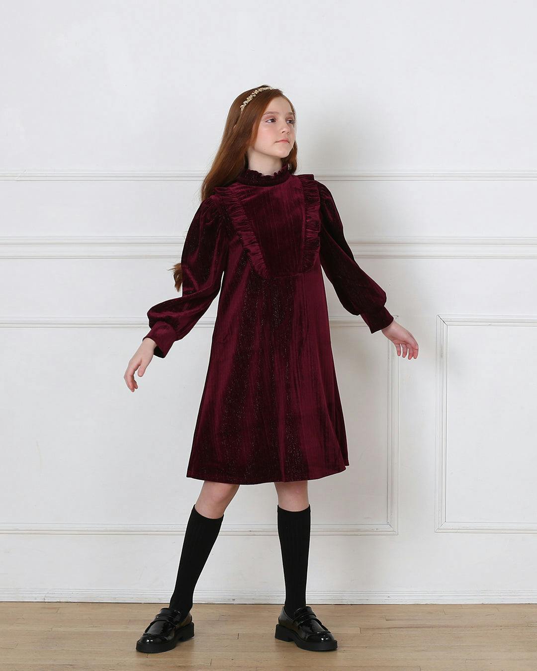 Lena Garnet Velvet Ruffle Collar Long Cuffed Sleeve Midi Dress, Red