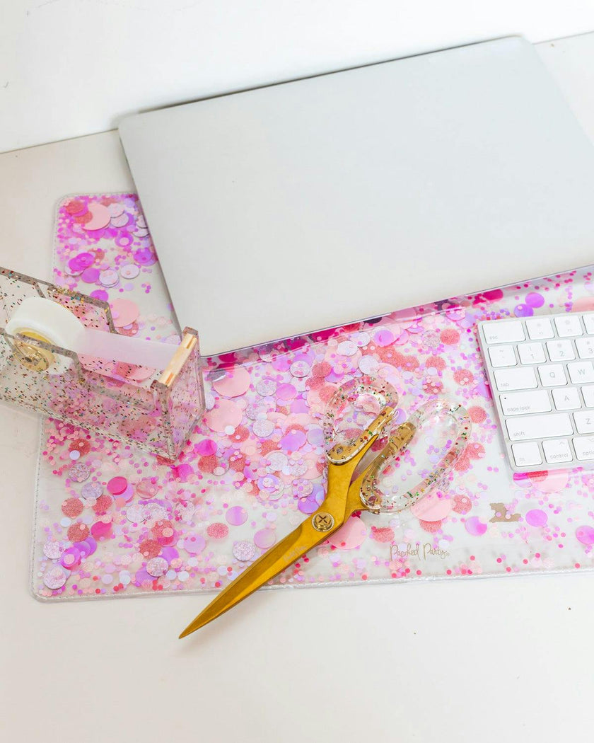 Packed Party Work Party Confetti Multi-Use Desk Mat - 13x18 Inch Clear Vinyl Pink Confetti Desk Mat with Gold Foil Detail for Desks and Keyboards