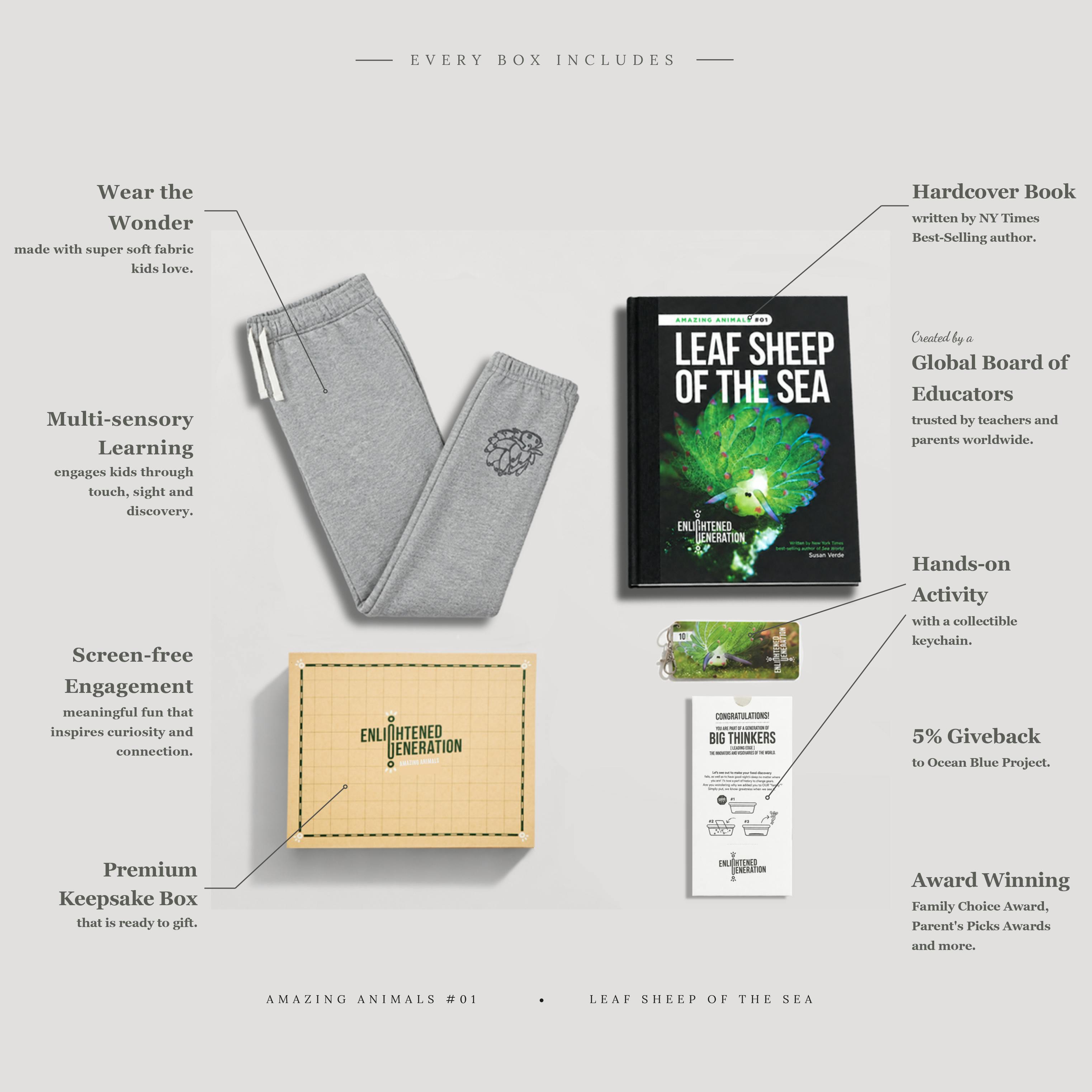 Leaf Sheep Curious Creature Gift Box with Kids Sweatpants, Book, and Activities