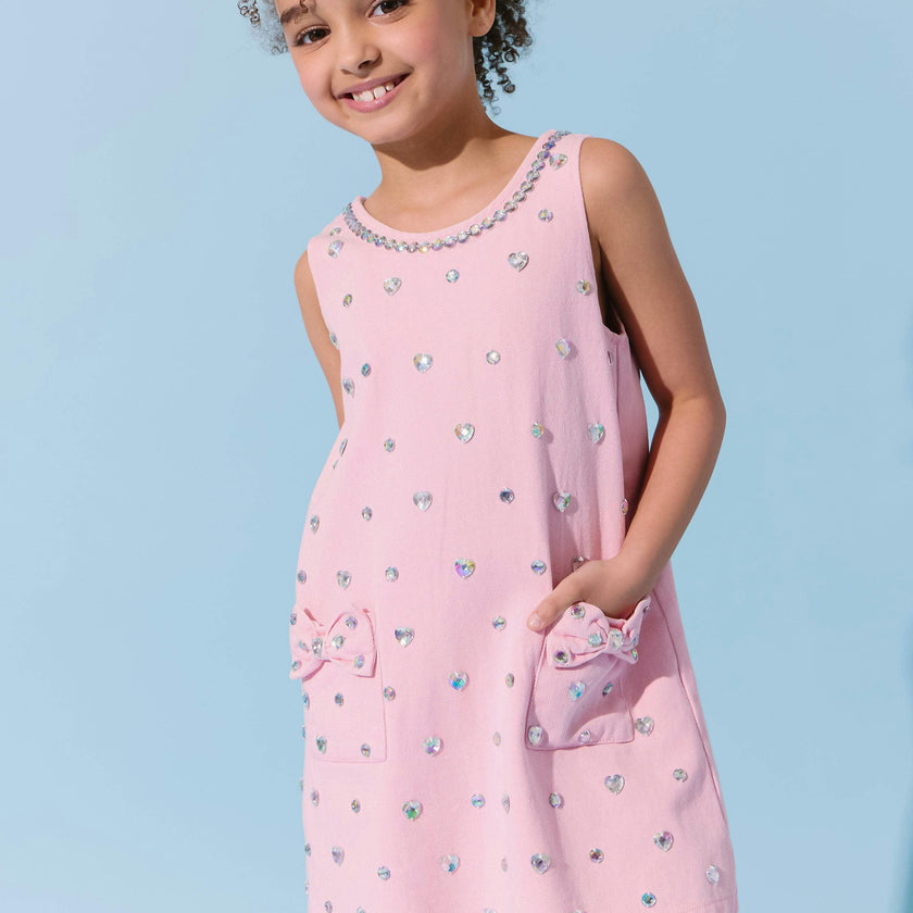 Pink Crystal Heart Denim Bow Dress